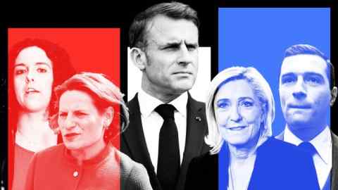 Montage with Manon Aubry, Valérie Rabault, Emmanuel Macron, Marine Le Pen, Jordan Bardella