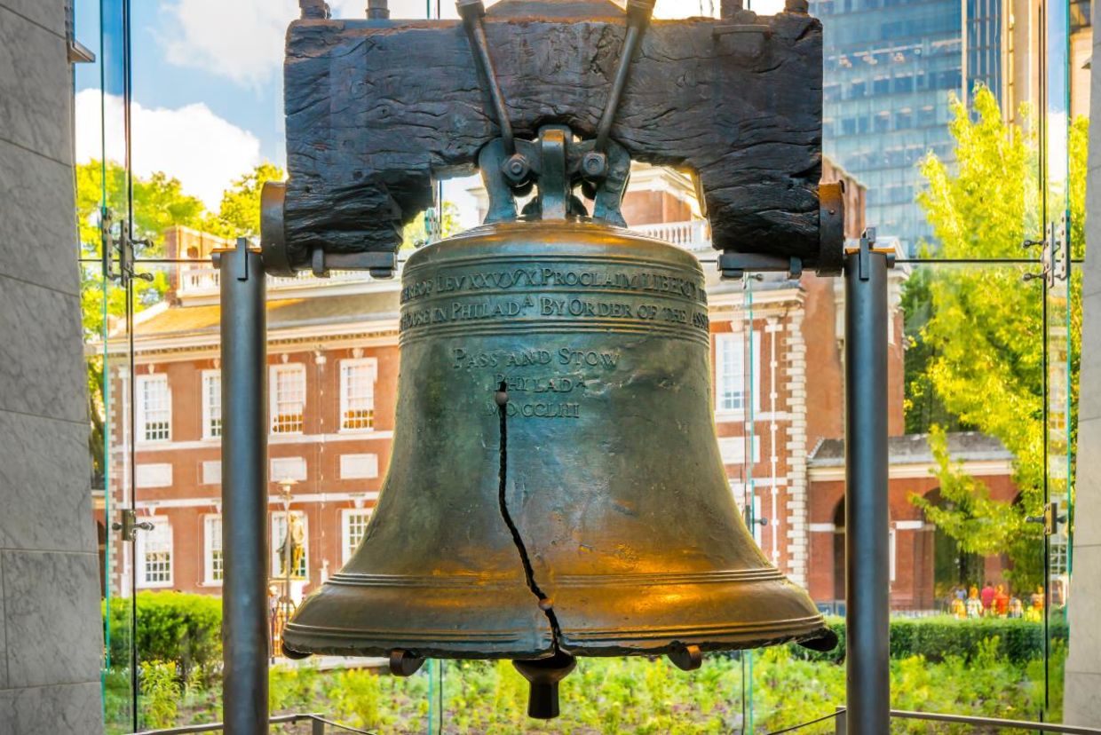 The Liberty Bell in front of the Independence Hall.