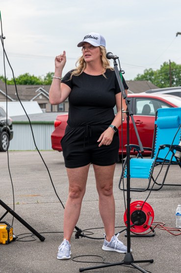 April Chesney speaking at the Save Mason Rudolph Golf Rally. May 31, 2024 (Jeff Danault)