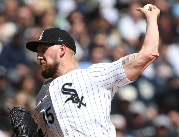 White Sox starting pitcher Garrett Crochet throws in the second inning against the Reds at Guaranteed Rate Field on April 13, 2024 in Chicago.  (John J. Kim/Chicago Tribune)
