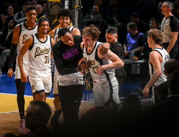 G League Ignite's Matas Buzelis (13) celebrates hitting a game winner during the Rising Stars game on Feb. 16, 2024, in Indianapolis.  (AAron Ontiveros/The Denver Post)