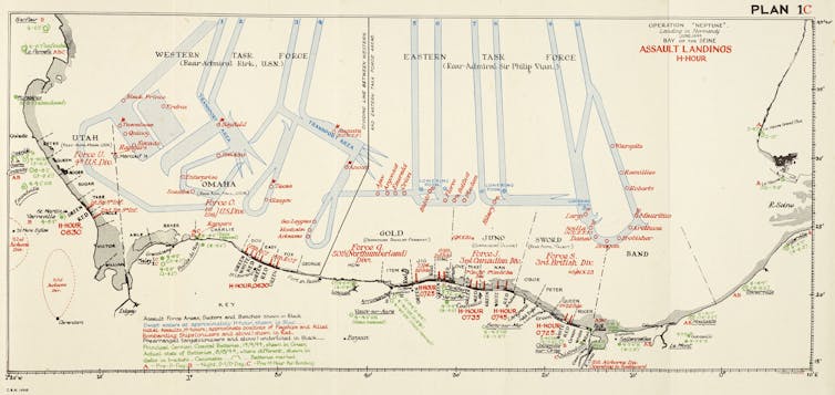 A map labeling the military units and geographic locations of the Normandy landings.