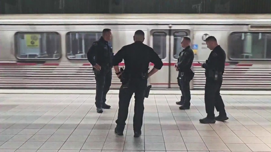Officers on patrol at a Los Angeles County subway station.  (KTLA)