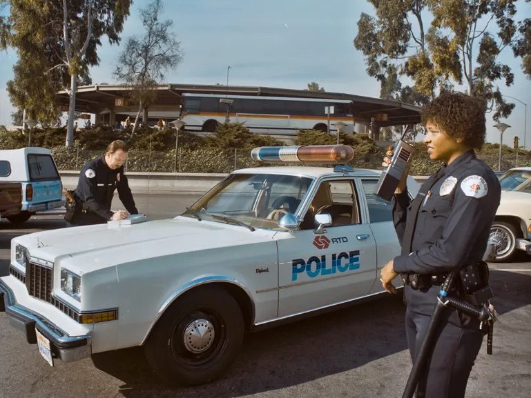 Two officers from the Southern California Rapid Transit District are shown in this undated photo shared by LA Metro.