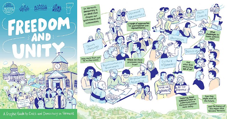 A spread from Freedom and Unity: A Graphic Guide to Civics and Democracy in Vermont - COUTETE