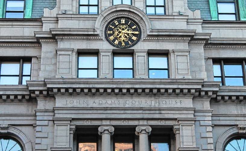 The John Adams Courthouse is shown from Pemberton Square in Boston.