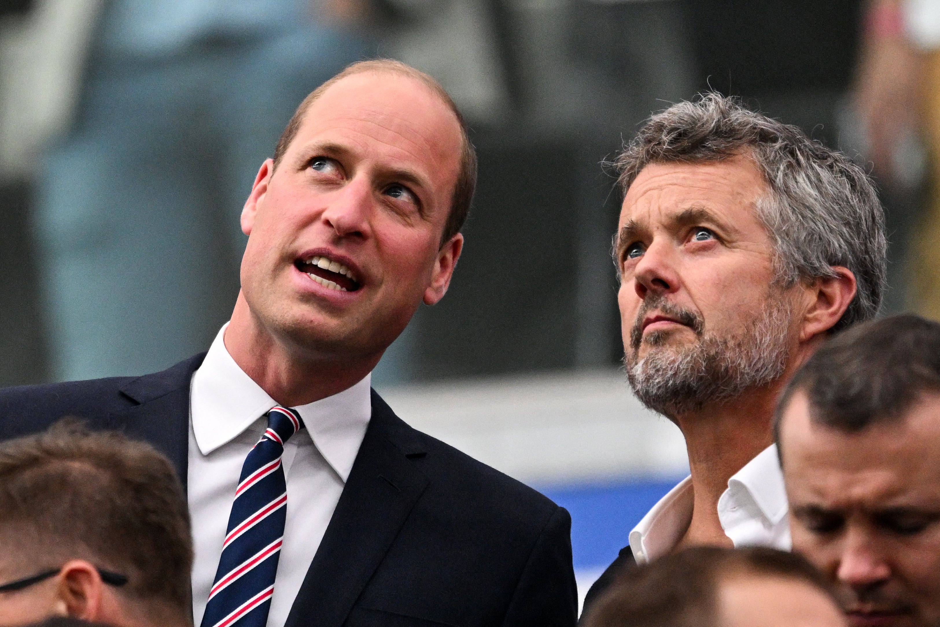 Prince William speaks with HM King Frederik X, King of Denmark, ahead of the UEFA EURO 2024 group stage match between Denmark and England