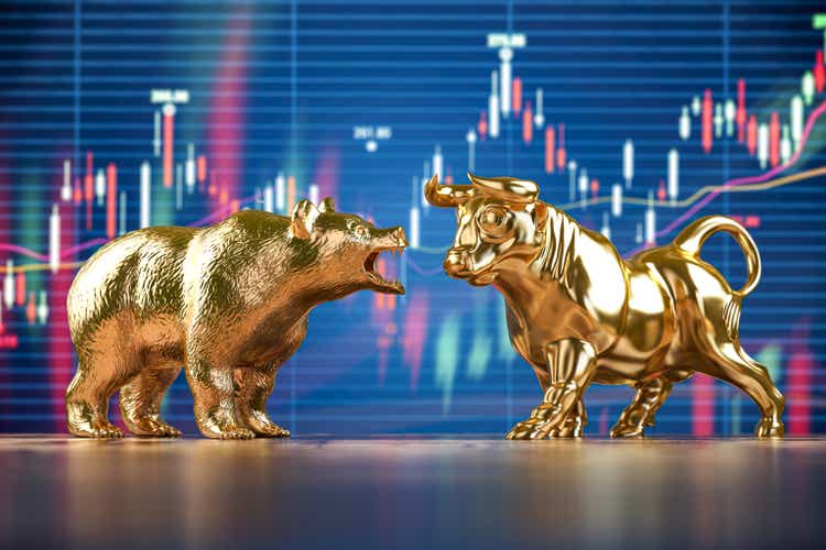 Gold bull and bear on stock data chart background.  Investment, financial bear stock market and mullish market concept.